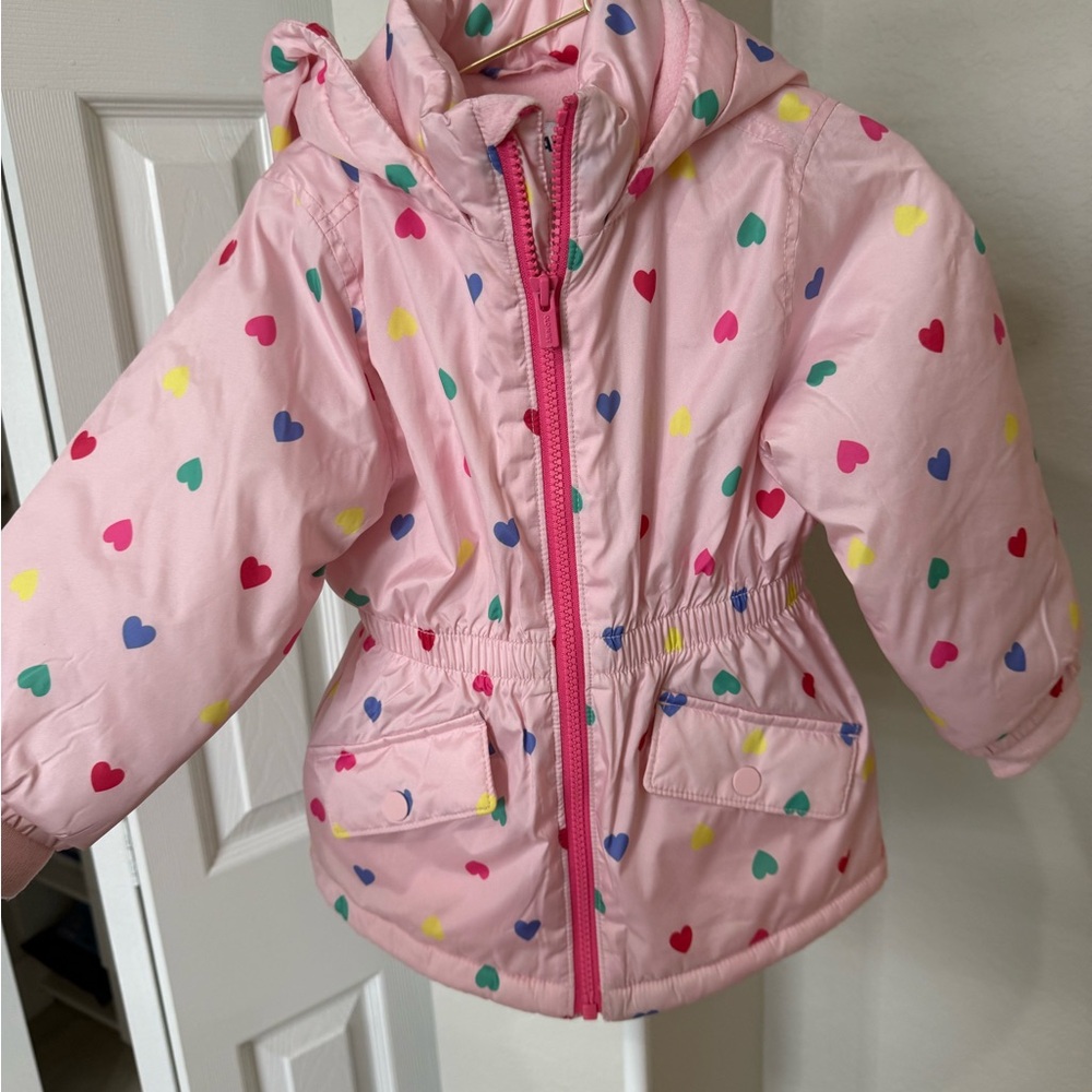 Old Navy Pink Hooded Puffer Jacket with Multicolor Heart Print